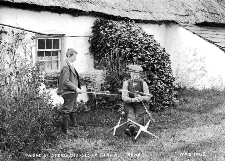 Making St Brigid's crosses.