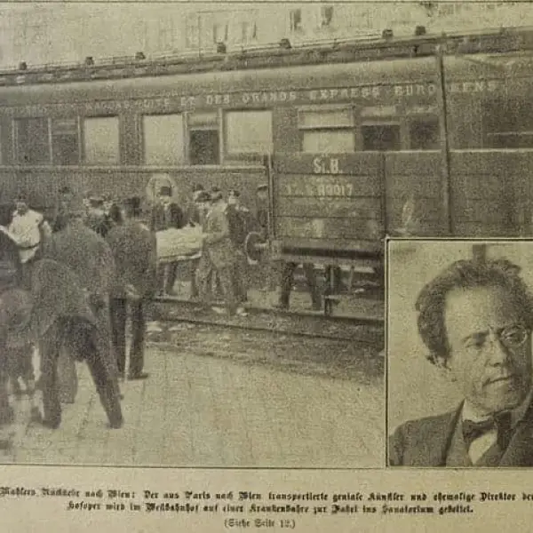 Gustav Mahler being stretchered off a train
