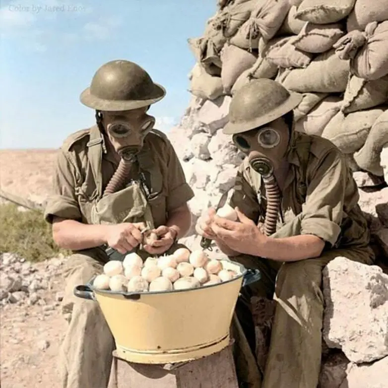 Soldiers peeling onions in gas masks
