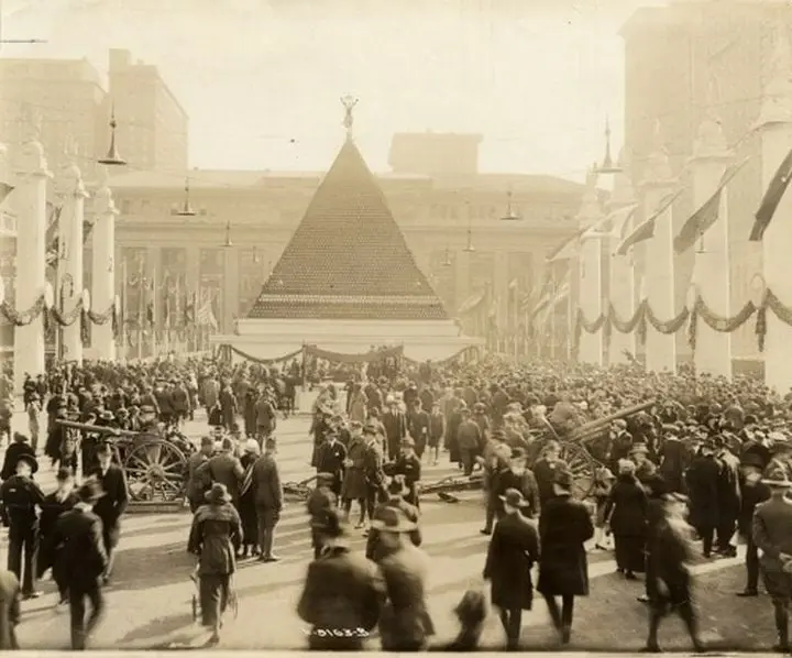 A Pyramid of Captured German Helmets