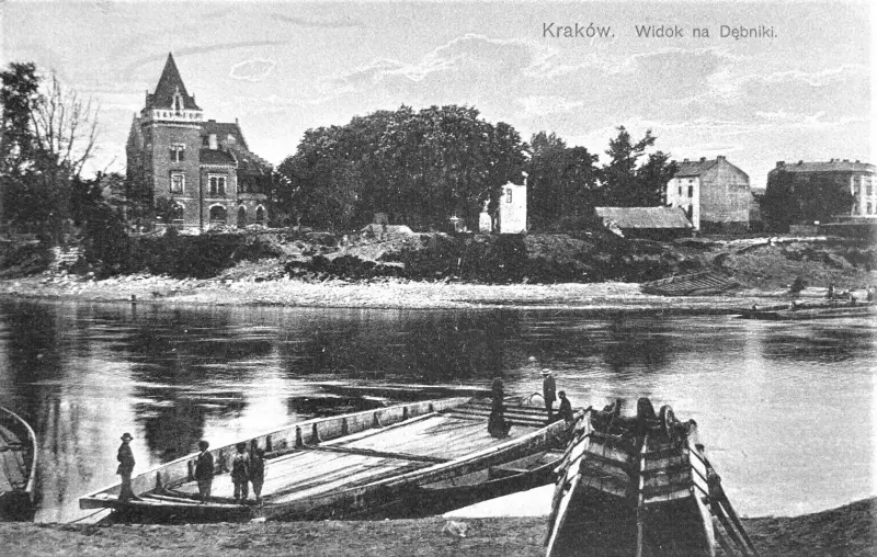 Rzadka pocztówka przedstawiająca przeprawę przez Wisłę na wysokości tzw. Willi Rożnowskich