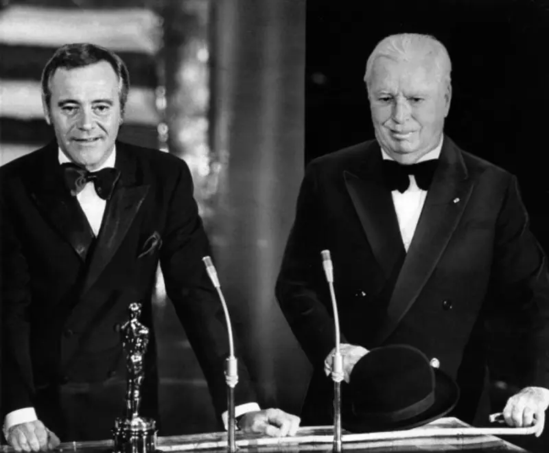 Charlie Chaplin receiving an Honorary Academy Award from Jack Lemmon