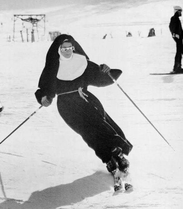 Catholic Nun Skiing in the Alps