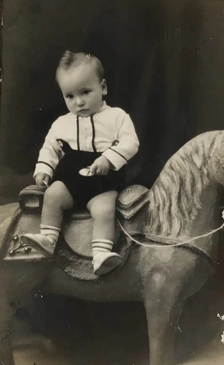 Retrato de niño sobre caballo de cartón