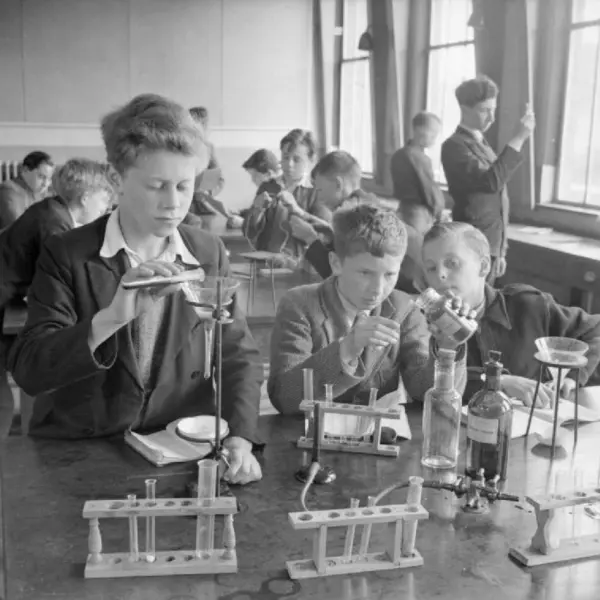 Shoolboys using test tubes