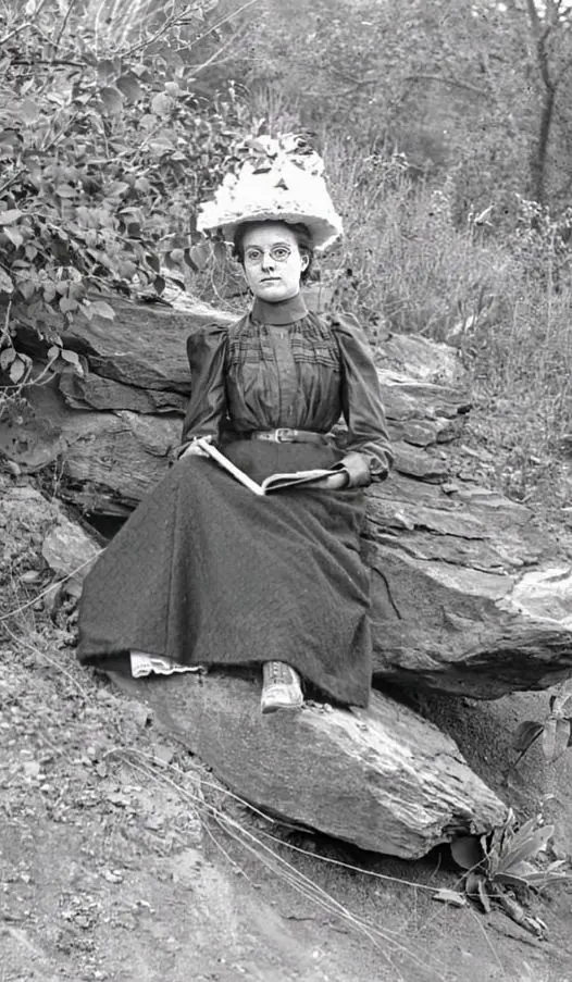 Young woman sitting on a rock reading a book.