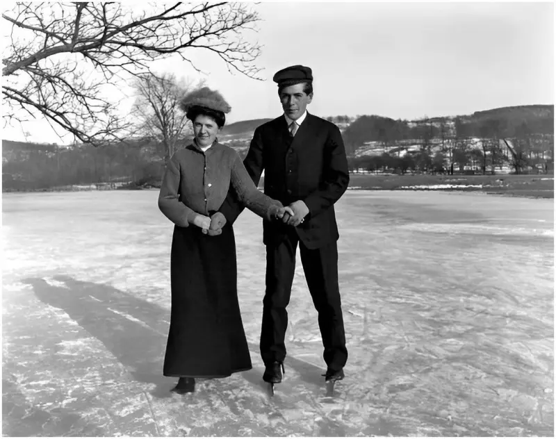 Ray Gurney and Dora Miller skating on Squire Pond,
