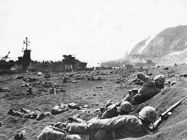 US Marines take cover on the Battle of Iwo Jima.