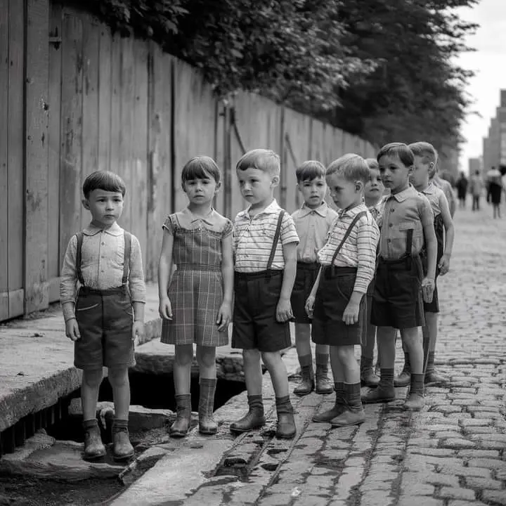 Group of young children stand near open sewage