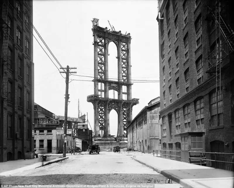 Manhattan Bridge under construction