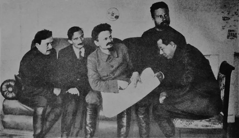 Béla Kun, Alfred Rosmer, Leon Trotsky, Mikhail Frunze and Sergey Gusev.