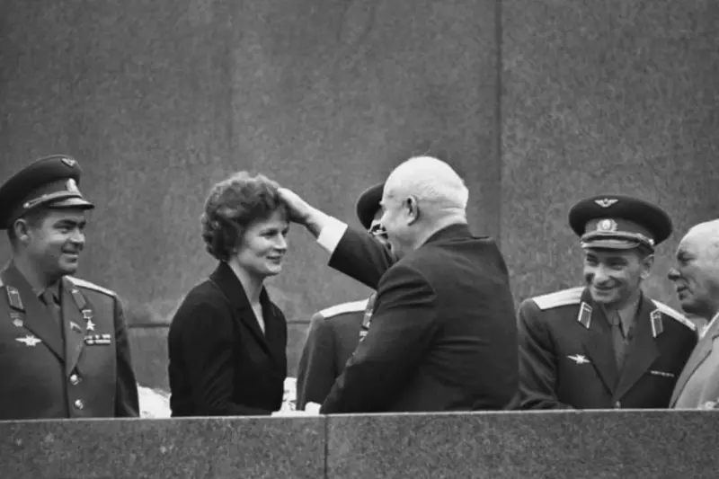 Cosmonauts Andrian Nikolaev, Valentina Tereshkova, Valery Bykovsky and Nikita Khrushchev on the Mausoleum podium
