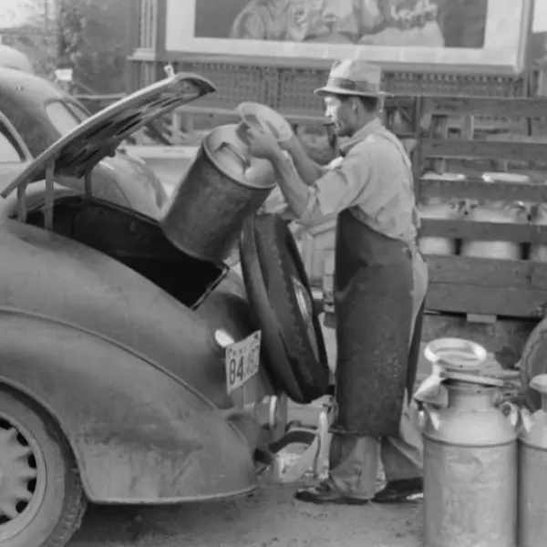 Loading empty milk cans into back of car