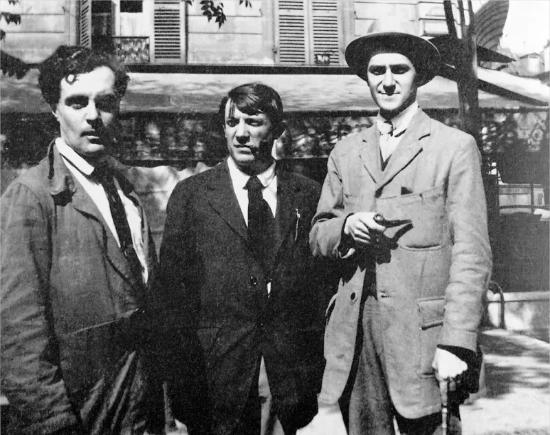 Modigliani, Picasso y André Salmon frente al Café de la Rotonde