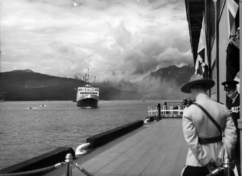 S.S. "Prince Robert" with King George VI and Queen Elizabeth approaches