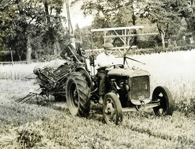 Tractor and binder harvesting at Cordwell Farm