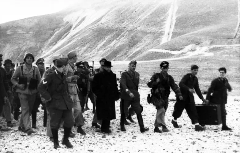 Mussolini rescued by German troops from his prison in Campo Imperatore
