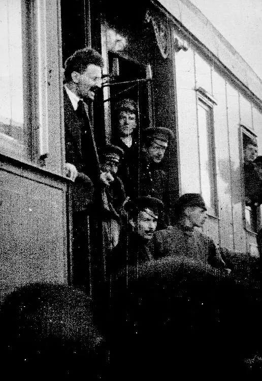 Trotsky arriving in Petrograd by train