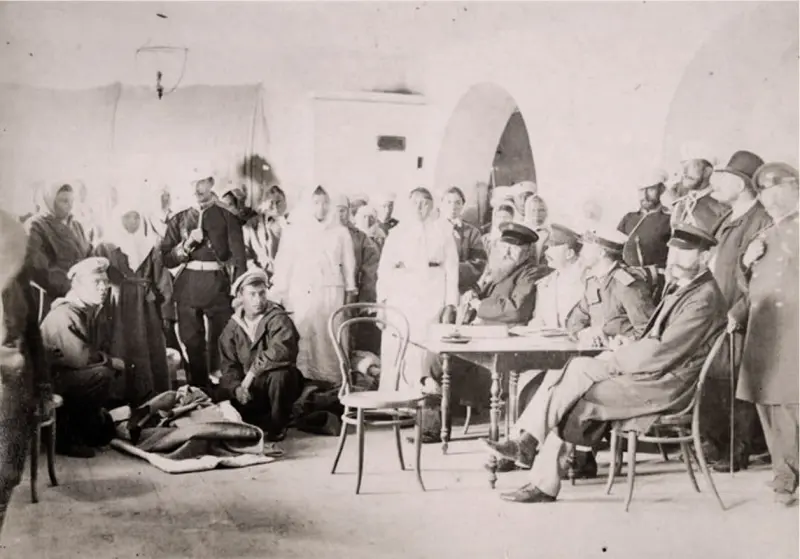 An inspection of female prisoners before boarding a ship to Sakhalin Island