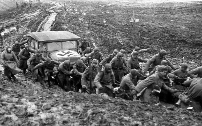 German Soldiers Pulling a Car Out of Thaw