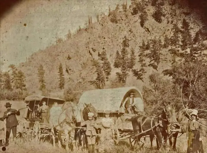 Pioneers traveling in a covered wagon and a carriage