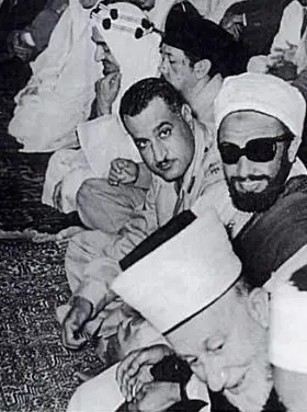 Nasser and Imam Ahmad of North Yemen facing the camera, Prince Faisal of Saudi Arabia in white